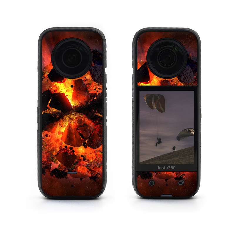 Insta360 X3 Skin design of Flame, Heat, Fire, Space, Atmosphere, Charcoal, Explosion, Geological phenomenon, Ash, Graphics, with black, red colors