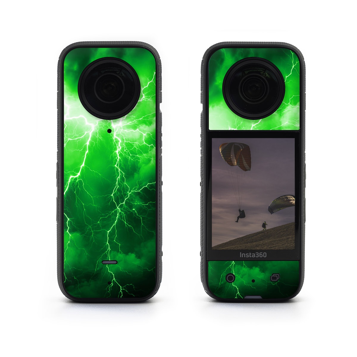 Insta360 X3 Skin design of Water, Atmosphere, Thunder, Light, Green, Sky, Natural environment, Natural landscape, Electricity, Organism, with black, green colors