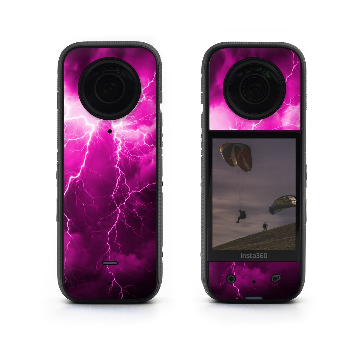 Insta360 X3 Skin design of Sky, Thunder, Lightning, Thunderstorm, Atmosphere, White, Purple, Light, Nature, Water, with black, pink colors
