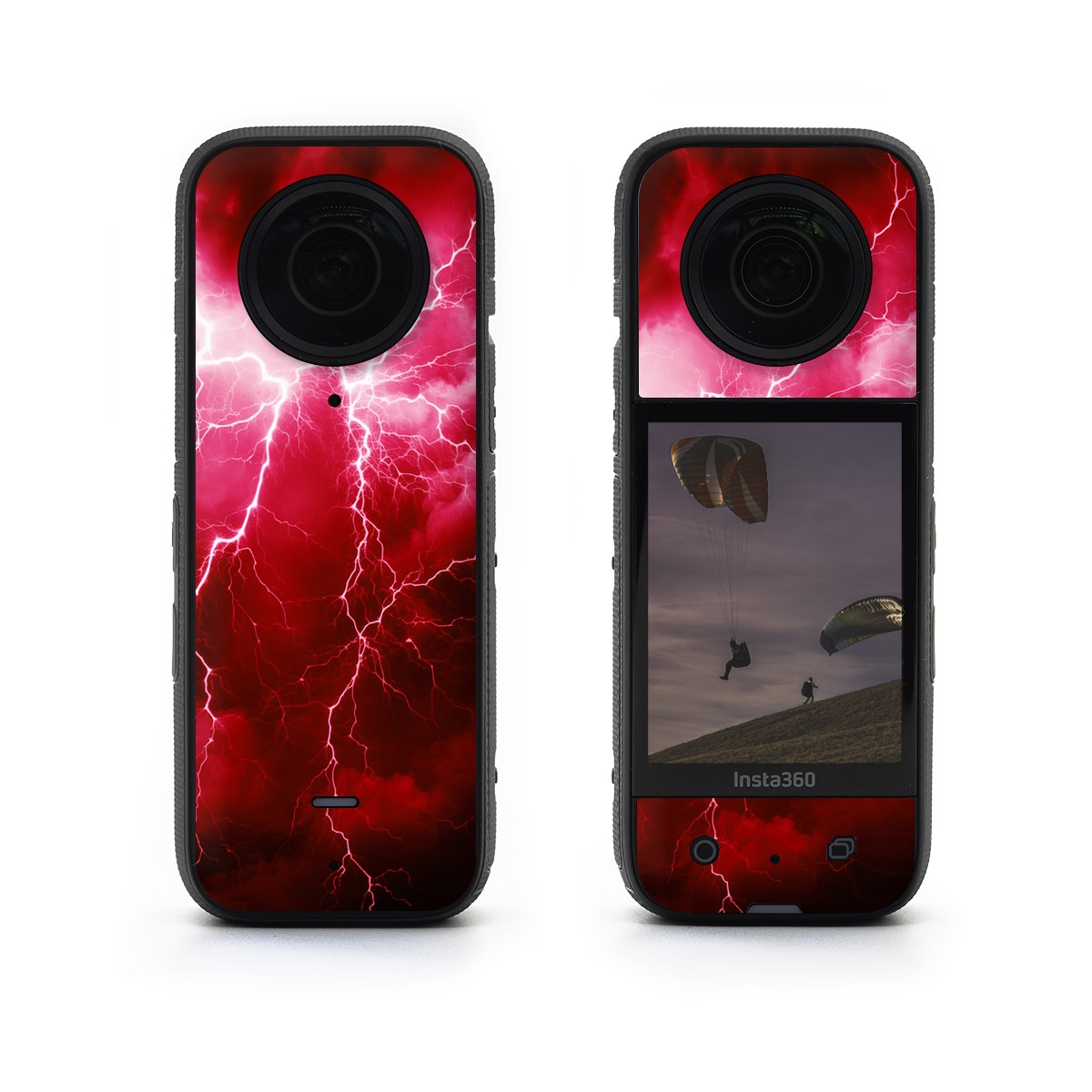 Insta360 X3 Skin design of Thunder, Atmosphere, Sky, Light, Purple, Lighting, Water, Thunderstorm, Electricity, Pink, with black, red colors