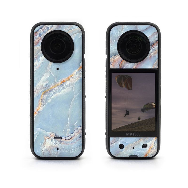 Insta360 X3 Skin design of Blue, Azure, Aqua, Onyx, with blue, red, orange, white colors