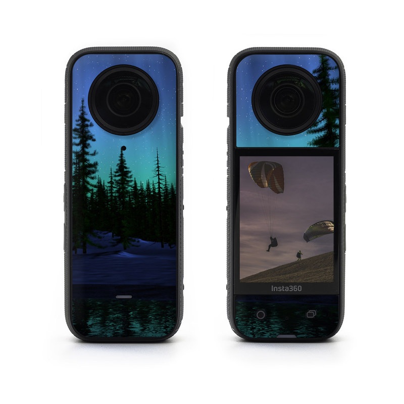 Insta360 X3 Skin design of Aurora, Nature, Sky, shortleaf black spruce, Natural landscape, Tree, Wilderness, Natural environment, Biome, Spruce-fir forest, with blue, purple, green, black colors