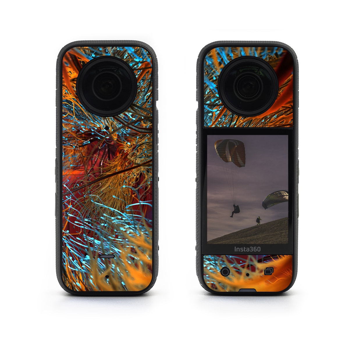 Insta360 X3 Skin design of Orange, Tree, Electric blue, Organism, Fractal art, Plant, Art, Graphics, Space, Psychedelic art, with orange, blue, red, yellow, purple colors