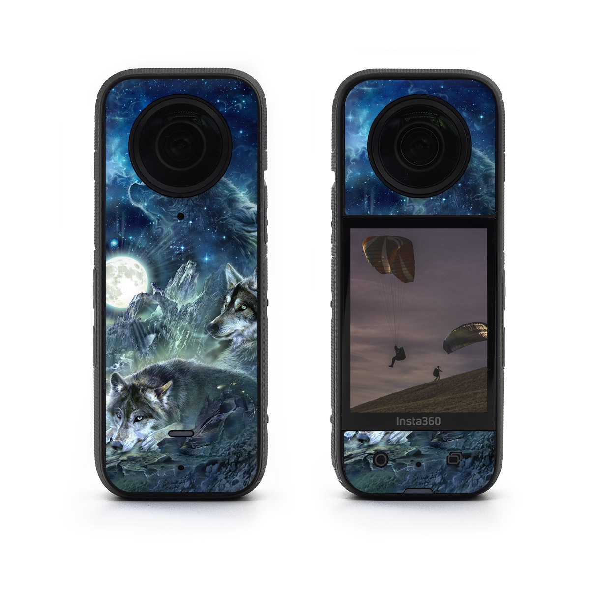 Insta360 X3 Skin design of Cg artwork, Fictional character, Darkness, Werewolf, Illustration, Wolf, Mythical creature, Graphic design, Dragon, Mythology, with black, blue, gray, white colors