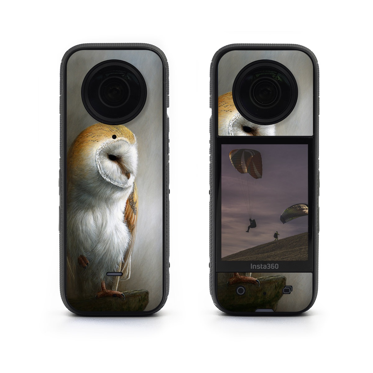 Insta360 X3 Skin design of Barn owl, Owl, Bird, Bird of prey, Beak, Wildlife, with yellow, white, orange, brown colors