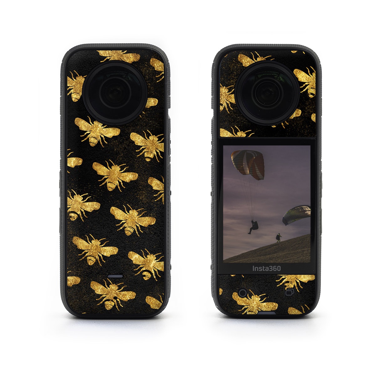 Insta360 X3 Skin design of Pattern, Yellow, Flower, Design, Plant, Wildflower, Textile, Metal, with black, yellow colors