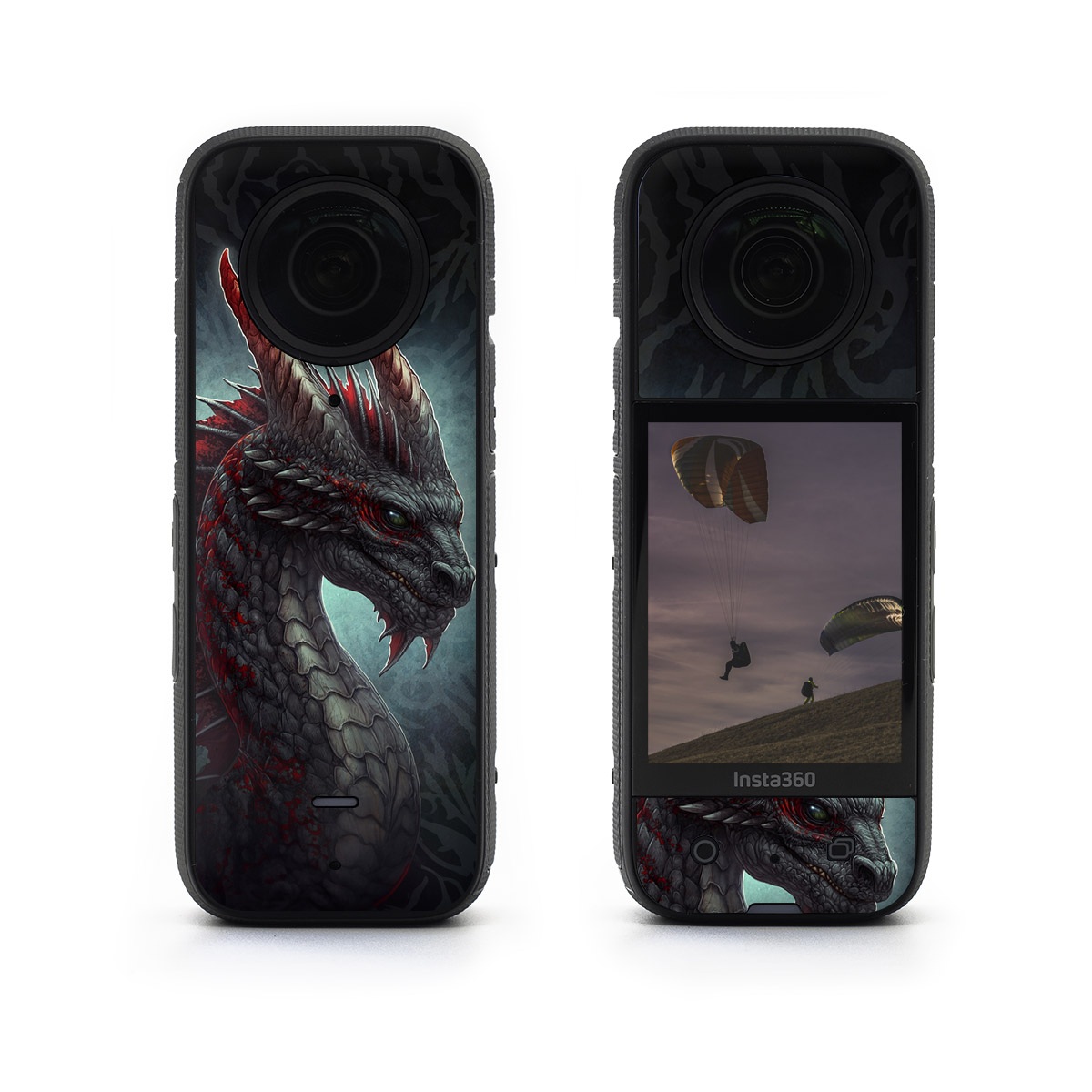 Insta360 X3 Skin design of Dragon, Fictional character, Mythical creature, Demon, Cg artwork, Illustration, Green dragon, Supernatural creature, Cryptid, with red, gray, blue colors