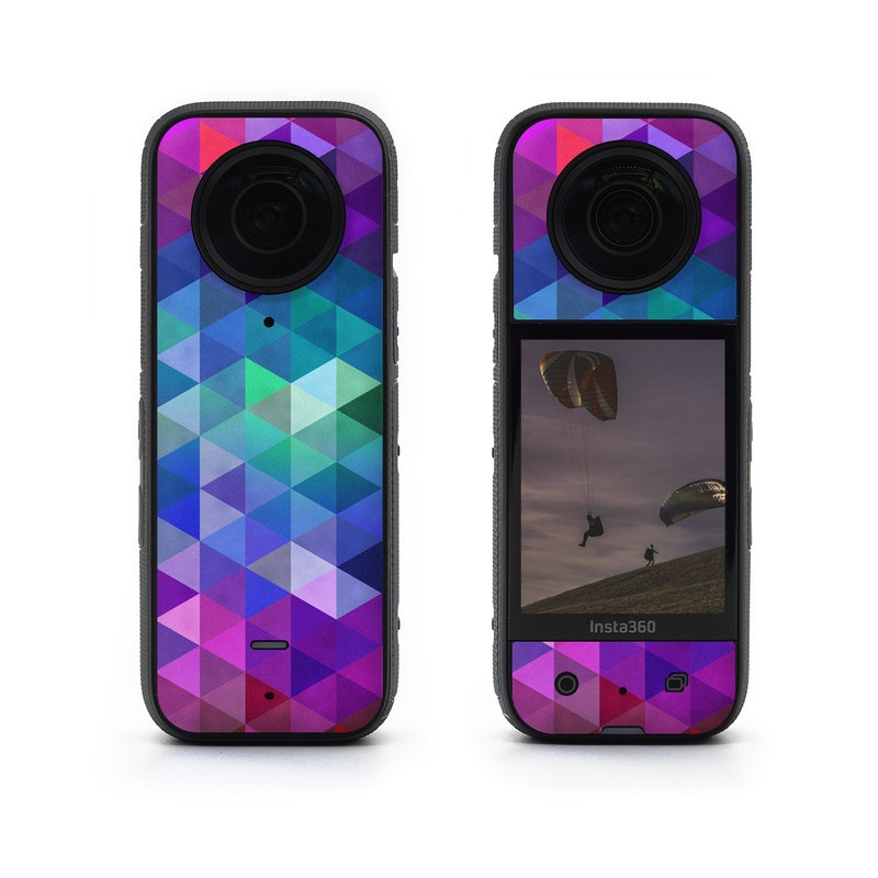 Insta360 X3 Skin design of Purple, Violet, Pattern, Blue, Magenta, Triangle, Line, Design, Graphic design, Symmetry, with blue, purple, green, red, pink colors