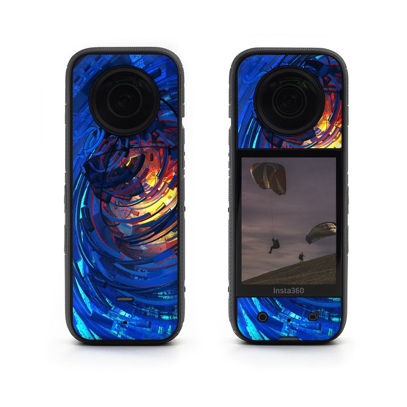 Insta360 X3 Skin design of Blue, Water, Circle, Vortex, Electric blue, Wave, Liquid, Graphics, Pattern, Colorfulness, with blue, orange, yellow colors