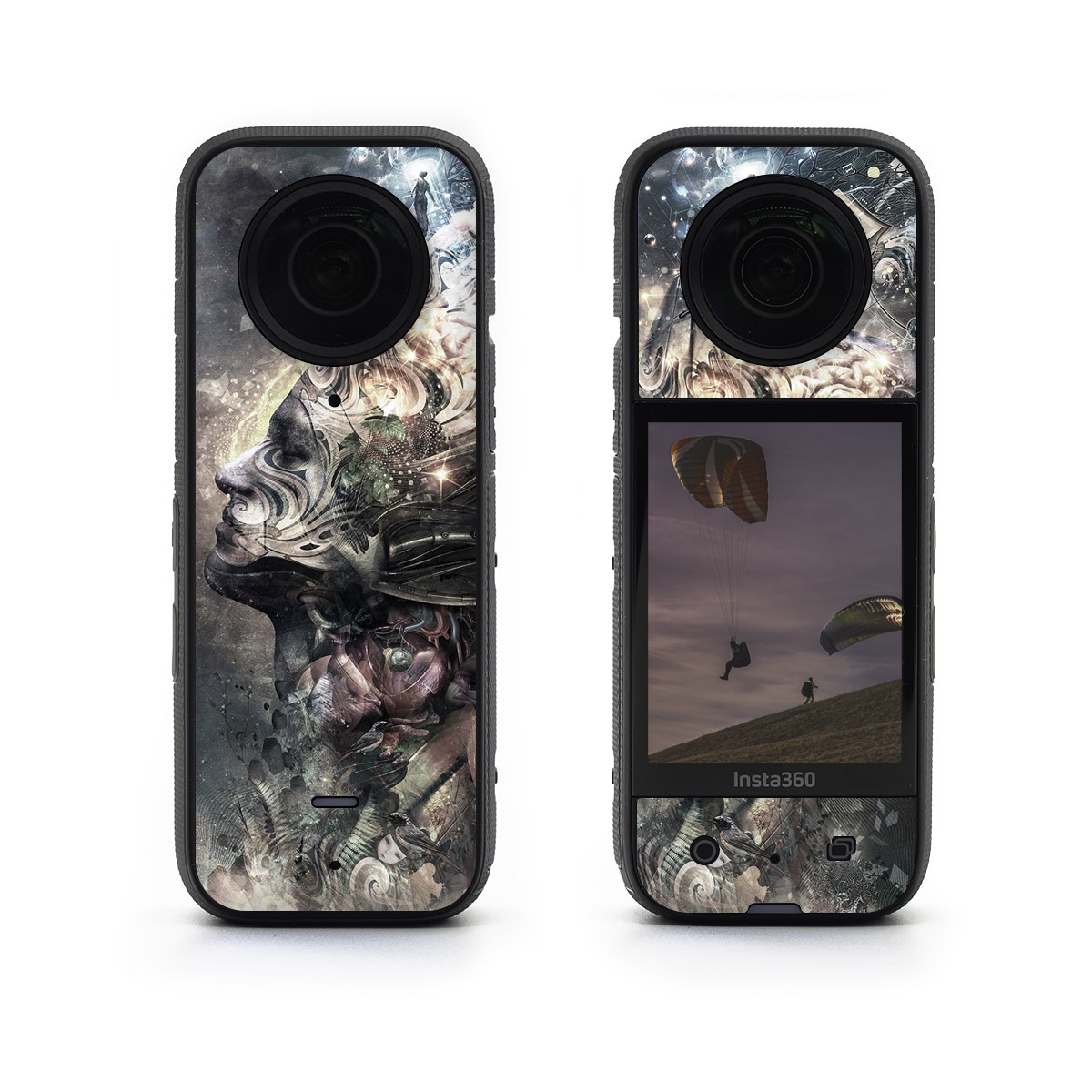 Insta360 X3 Skin design of Space, Cg artwork, Art, Sky, Darkness, Illustration, Graphic design, Outer space, Graphics, Animation, with white, black, gray, yellow colors