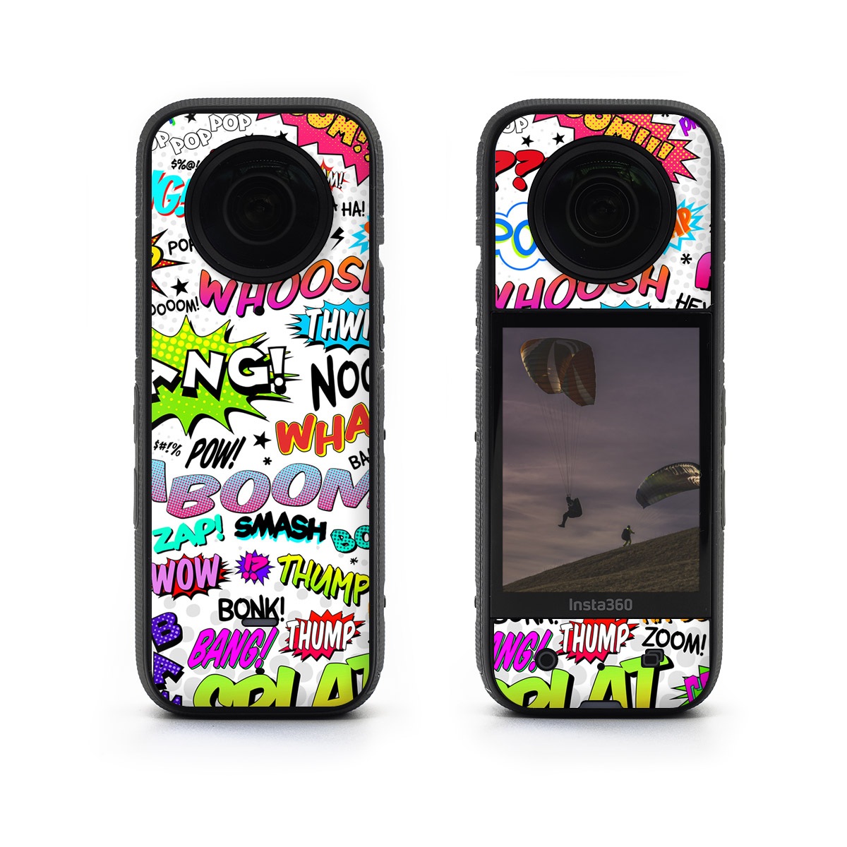 Insta360 X3 Skin design of Text, Font, Line, Graphics, Art, Graphic design, with gray, white, red, blue, black colors