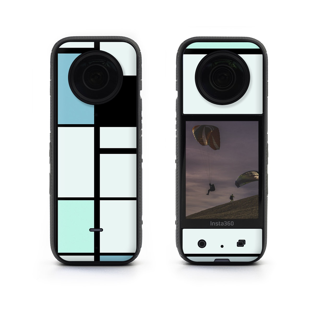 Insta360 X3 Skin design of Blue, Line, Turquoise, Pattern, Rectangle, Design, Parallel, Square, Symmetry, Tints and shades, with black, blue, green colors