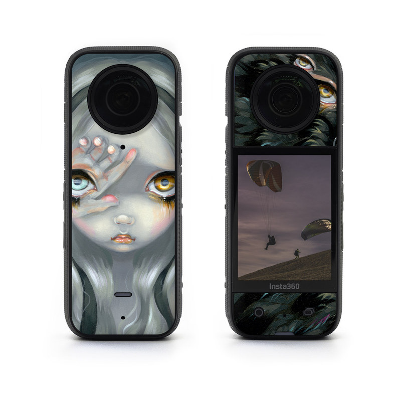 Insta360 X3 Skin design of Face, Head, Cg artwork, Eye, Illustration, Organ, Fictional character, Art, Iris, Darkness, with black, gray, blue, green colors
