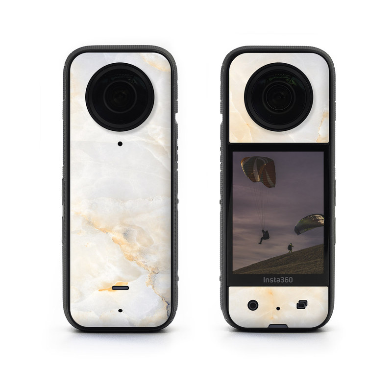 Insta360 X3 Skin design of White, Textile, Flooring, Marble, Paper, Pattern, Fashion accessory, Tile, with white, orange, black, yellow colors