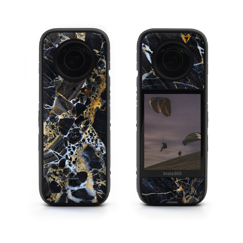 Insta360 X3 Skin design of Black, Yellow, Rock, Brown, Marble, Water, Close-up, Granite, Pattern, Geology, with black, white, orange, gray, yellow colors