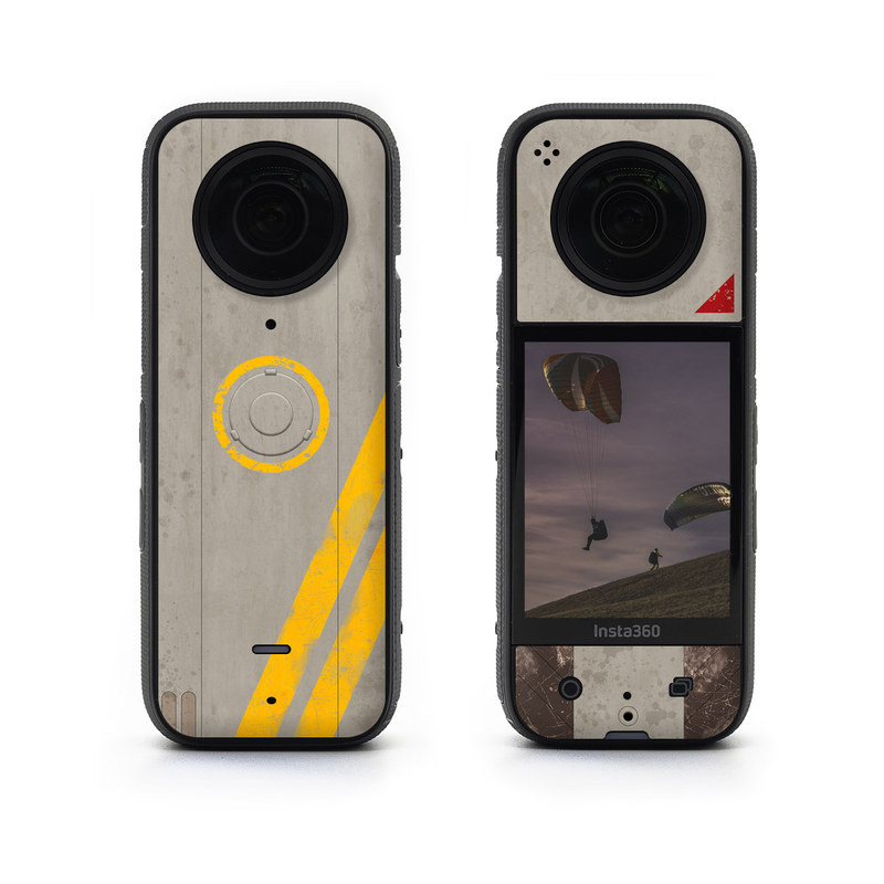 Insta360 X3 Skin design of Yellow, Wall, Line, Orange, Design, Concrete, Font, Architecture, Parallel, Wood, with gray, yellow, red, black colors
