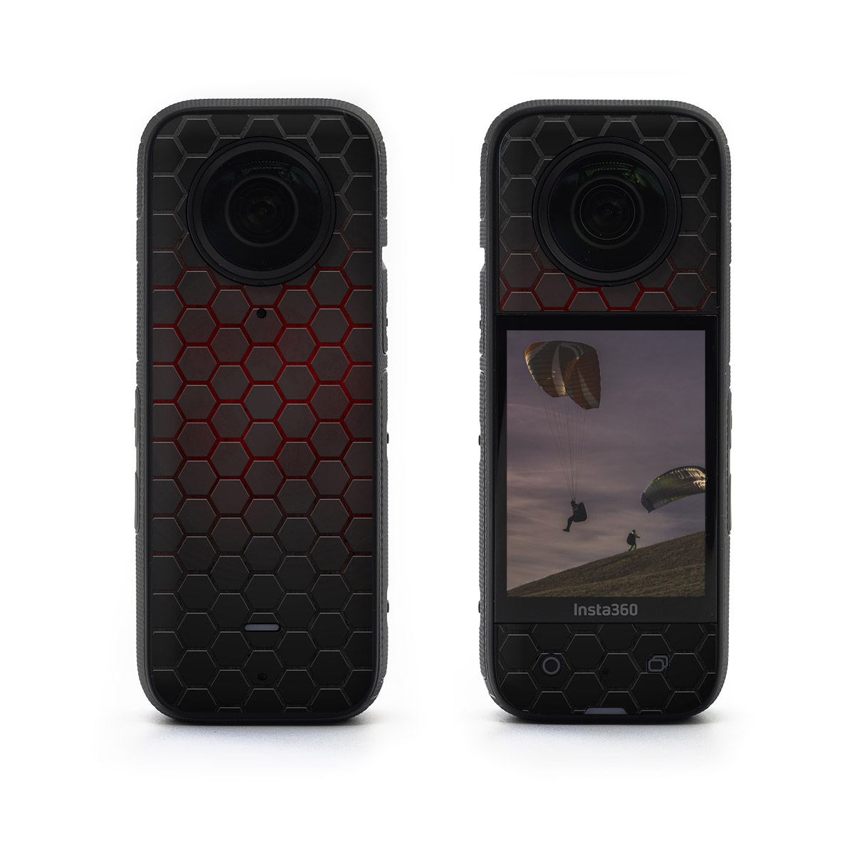 Insta360 X3 Skin design of Black, Pattern, Metal, Design, Mesh, Carbon, Space, Wallpaper, with black, red colors