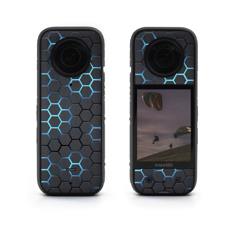 Insta360 X3 Skin design of Pattern, Water, Design, Circle, Metal, Mesh, Sphere, Symmetry, with black, gray, blue colors
