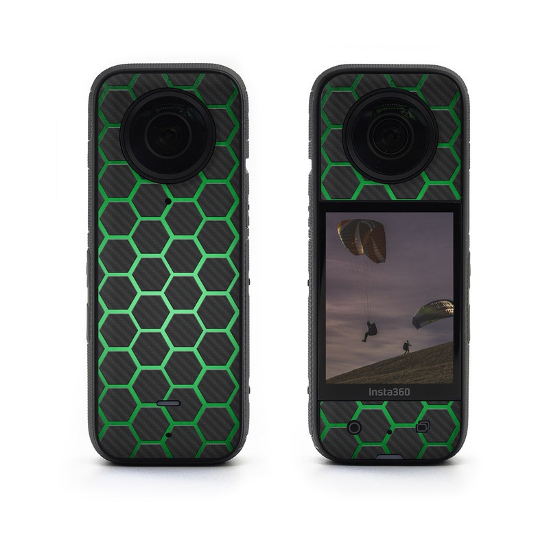 Insta360 X3 Skin design of Pattern, Metal, Design, Carbon, Space, Circle, with black, gray, green colors