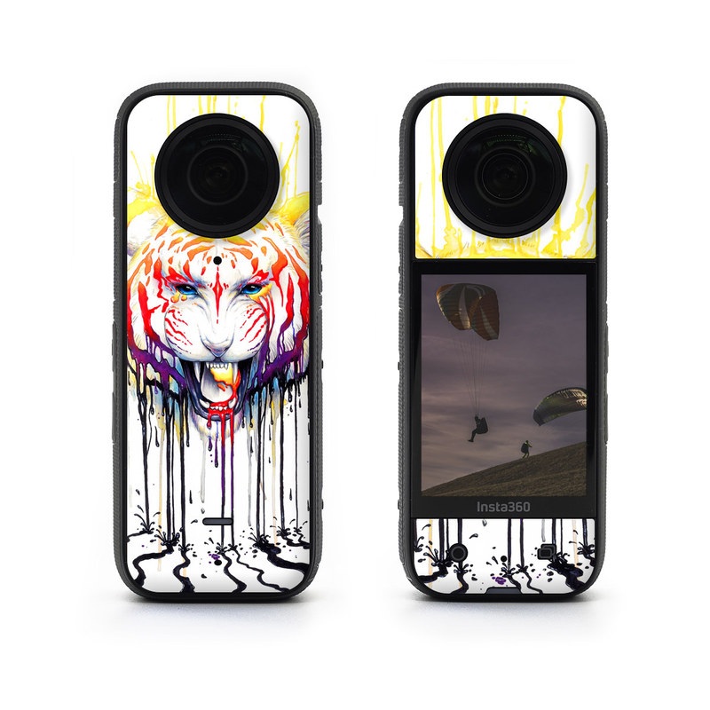 Insta360 X3 Skin design of Jaw, Roar, Organism, Gesture, Art, Font, Felidae, Painting, Illustration, Drawing, with white, black, yellow, red, orange, purple colors