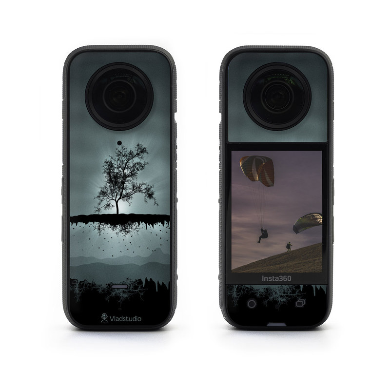 Insta360 X3 Skin design of Reflection, Sky, Nature, Water, Black, Tree, Black-and-white, Monochrome photography, Natural landscape, Atmospheric phenomenon, with black, gray, blue colors
