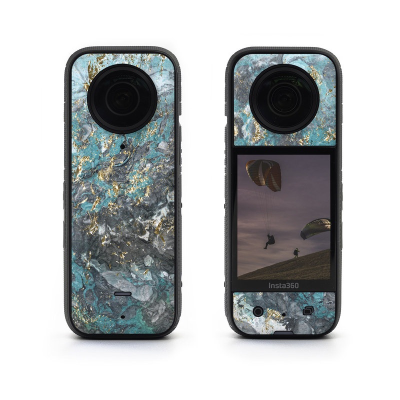 Insta360 X3 Skin design of Blue, Turquoise, Green, Aqua, Teal, Geology, Rock, Painting, Pattern, with black, white, gray, green, blue colors