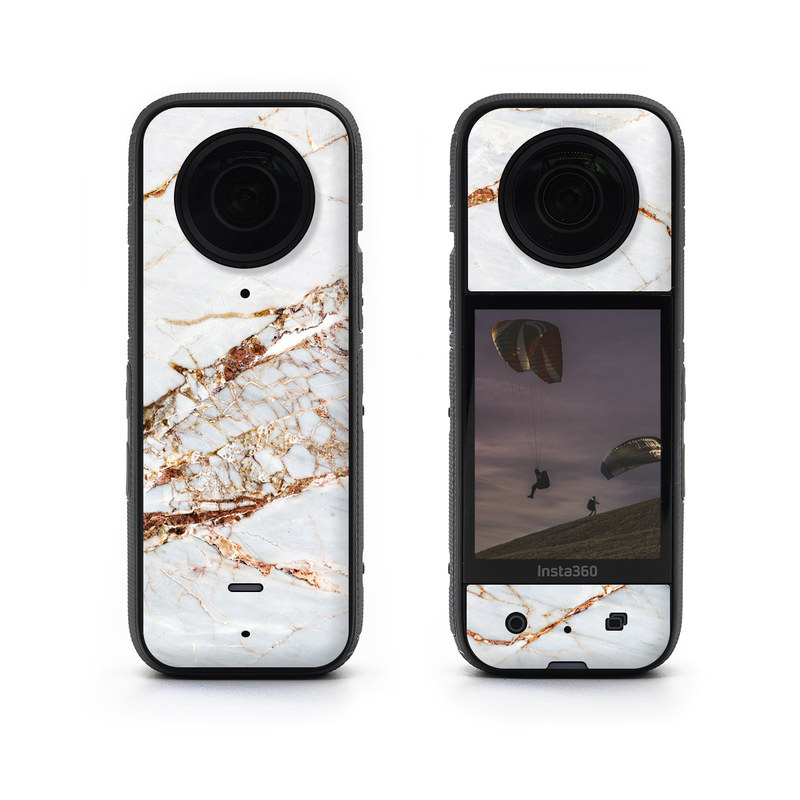Insta360 X3 Skin design of White, Branch, Twig, Beige, Marble, Plant, Tile, with white, gray, yellow colors
