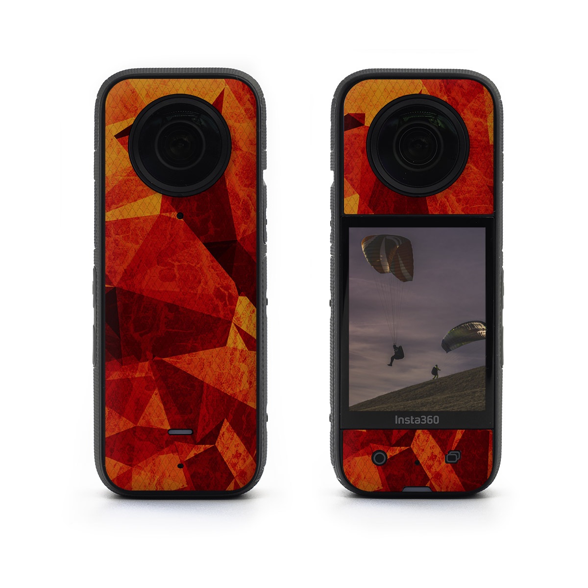 Insta360 X3 Skin design of Orange, Red, Yellow, Triangle, Pattern, Amber, Design, Art, Visual arts, Modern art, with black, orange, yellow colors