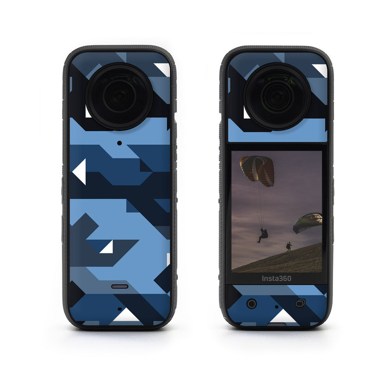 Insta360 X3 Skin design of Blue, Pattern, Design, Font, Line, Camouflage, Illustration, Triangle, with blue, black, white, gray colors