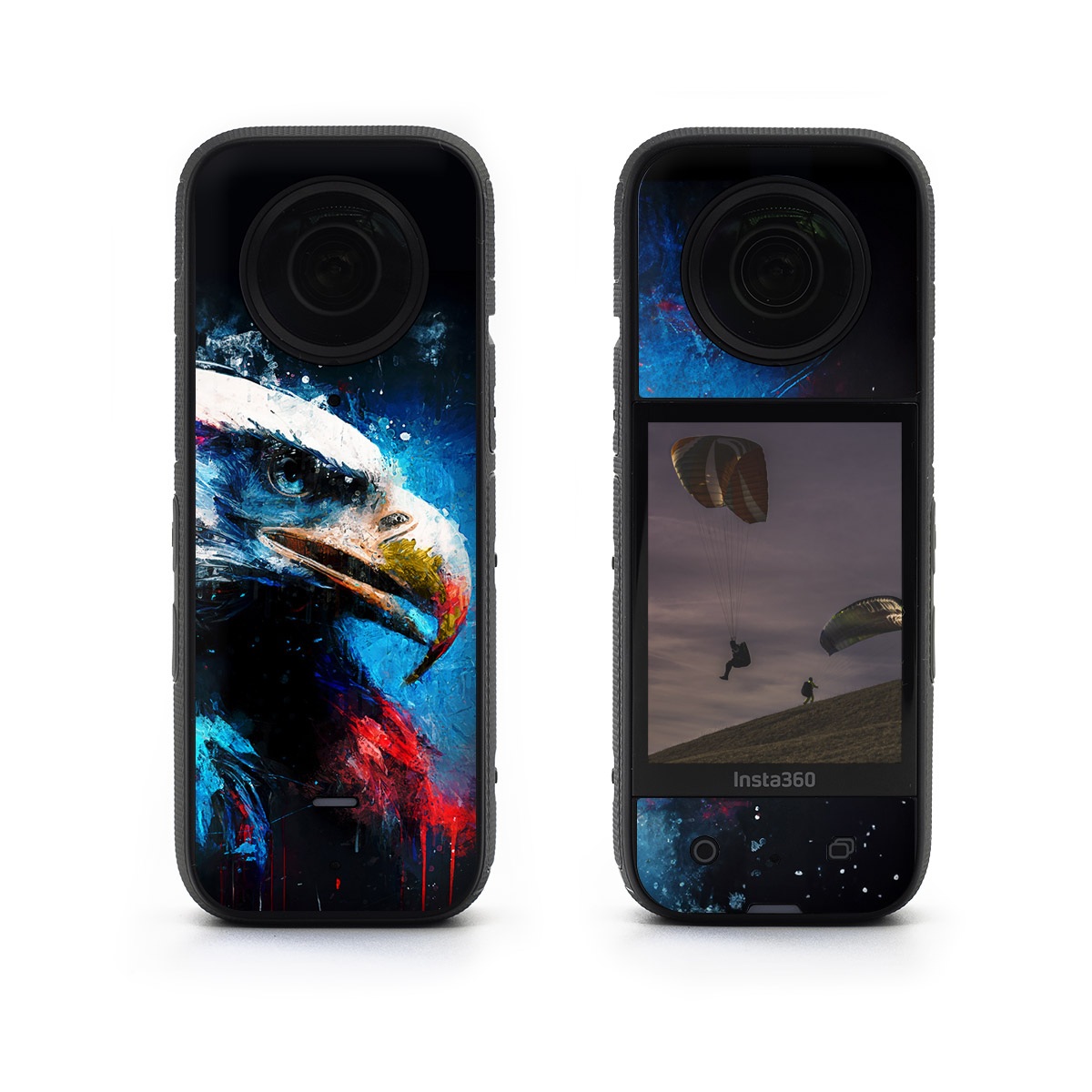 Insta360 X3 Skin design of Bird, Beak, Organism, Art, Feather, Paint, Painting, Accipitridae, Bird of prey, Electric blue, with blue, red, white, black, gray, yellow colors