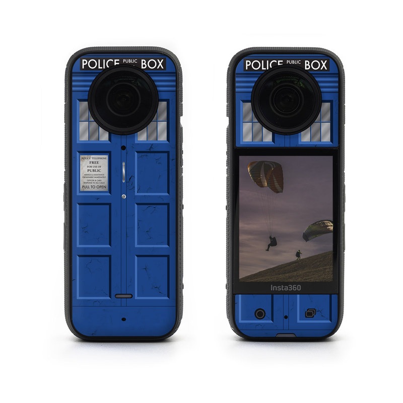 Insta360 X3 Skin design of Telephone Booth, Blue, Cobalt Blue, Door, Facade, Architecture, Electric Blue, Font, Real Estate, Window, Building, with blue, black, gray, white colors