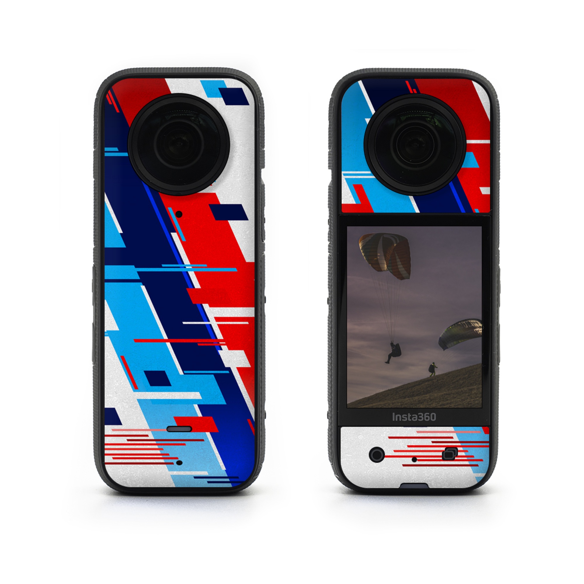 Insta360 X3 Skin design of Azure, Font, Material property, Parallel, Electric blue, Slope, Graphics, Carmine, Brand, Rectangle, with gray, blue, black, red, purple colors