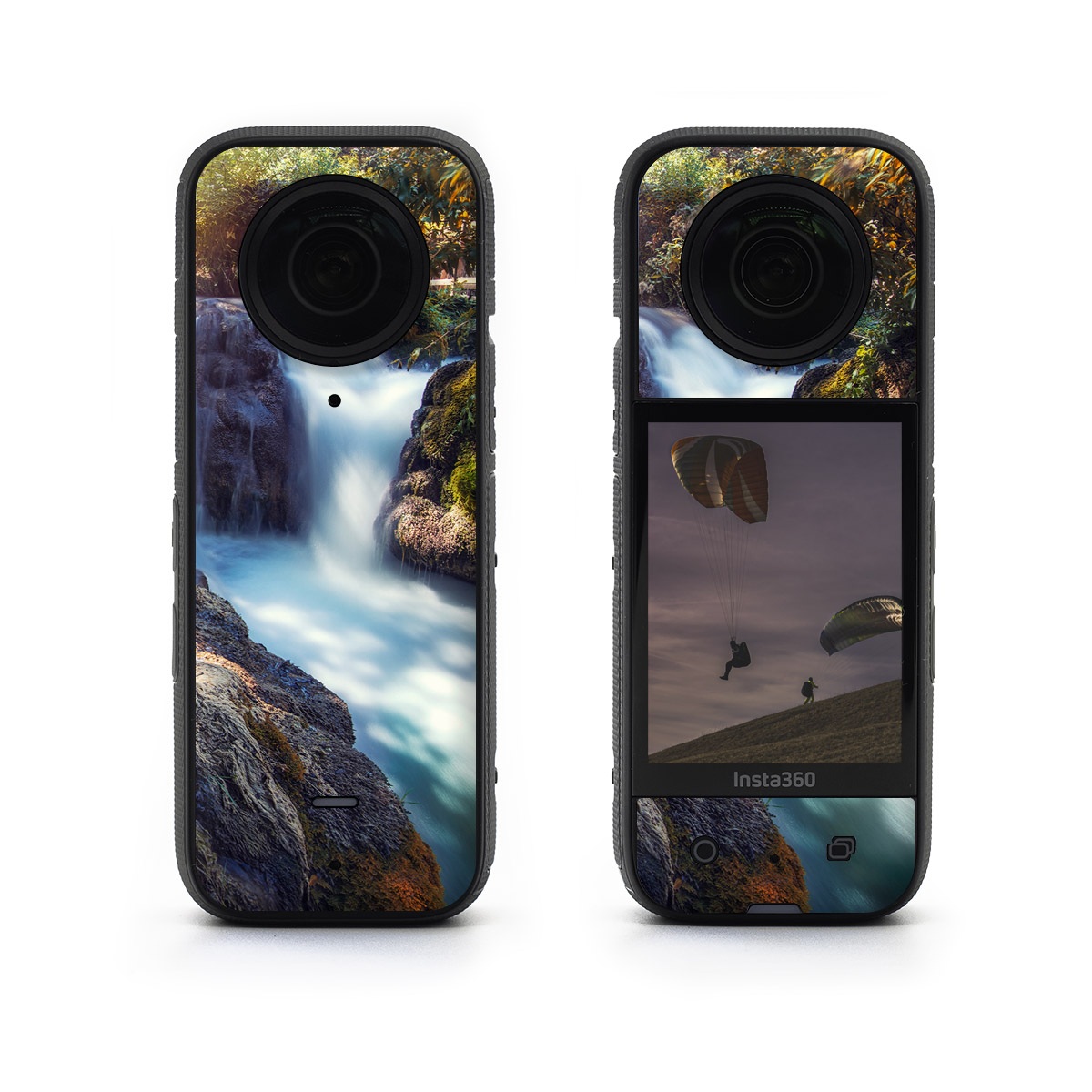 Insta360 X3 Skin design of Waterfall, Natural landscape, Body of water, Nature, Water resources, Water, Watercourse, Stream, Nature reserve, Rock, with gray, yellow, orange, green, white, blue colors