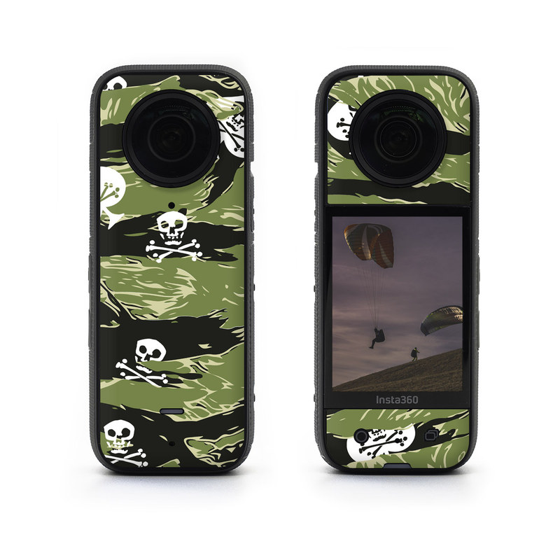 Insta360 X3 Skin design of Military camouflage, Pattern, Leaf, Illustration, Design, Tree, Camouflage, Plant, Art, Branch, with black, white, green colors