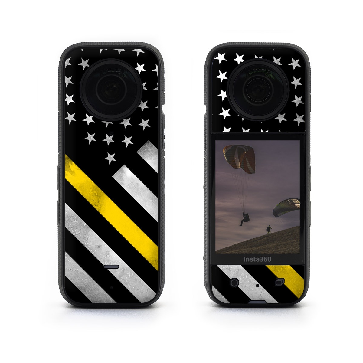 Insta360 X3 Skin design of Flag of the united states, Flag, Yellow, Line, Black-and-white, Pattern, Monochrome, Graphic design, Parallel, with black, white, gray, yellow colors