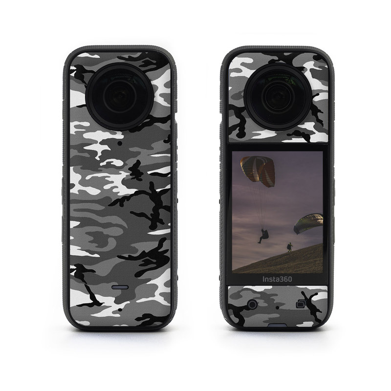 Insta360 X3 Skin design of Military camouflage, Pattern, Clothing, Camouflage, Uniform, Design, Textile, with black, gray colors