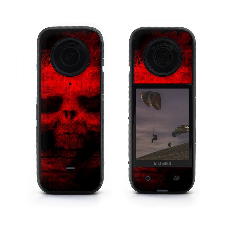 Insta360 X3 Skin design of Red, Skull, Bone, Darkness, Mouth, Graphics, Pattern, Fiction, Art, Fractal art, with black, red colors