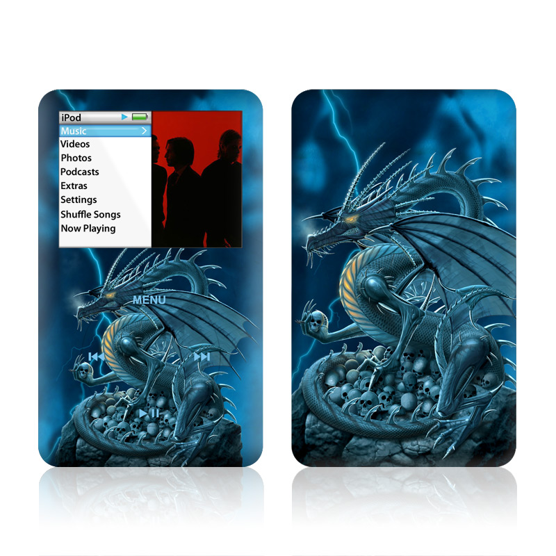 iPod classic Skin design of Cg artwork, Dragon, Mythology, Fictional character, Illustration, Mythical creature, Art, Demon, with blue, yellow colors