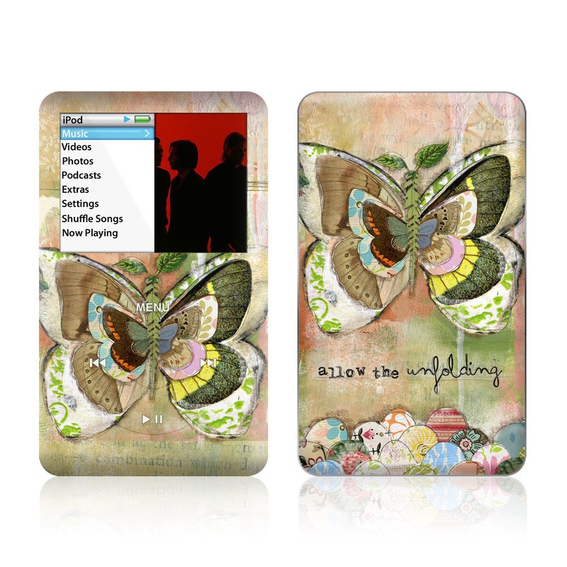 iPod classic Skin design of Butterfly, Art, Fictional character, Pollinator, Moths and butterflies, Watercolor paint, Illustration, with green, brown, yellow, blue, pink, red colors