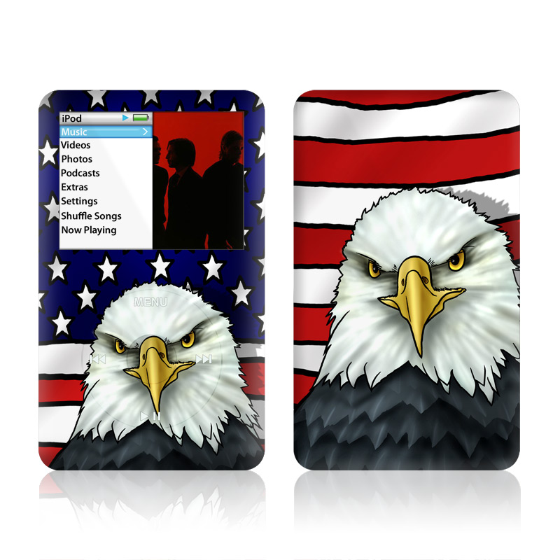 iPod classic Skin design of Bald eagle, Eagle, Bird, Bird of prey, Accipitridae, Beak, Accipitriformes, Sea eagle, Flag, with white, gray, blue, yellow, red colors