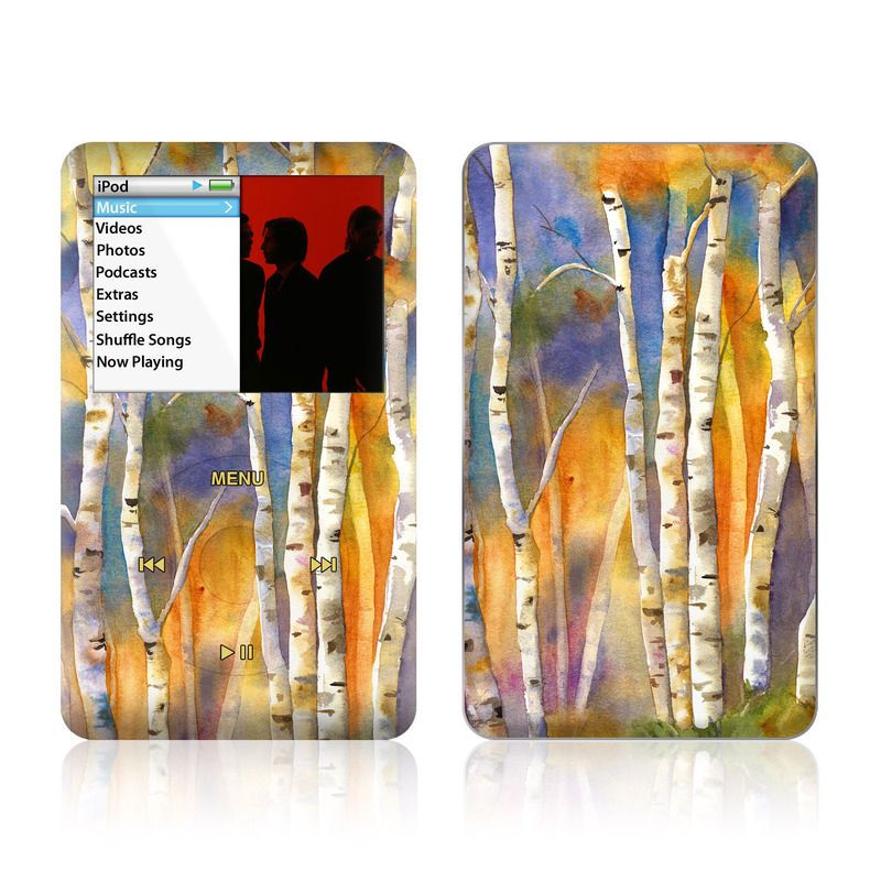 iPod classic Skin design of Canoe birch, Watercolor paint, Tree, Birch, Woody plant, Painting, Plant, Birch family, Paint, Trunk, with orange, yellow, green, white, purple, blue colors