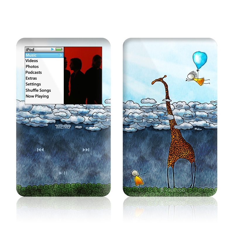 iPod classic Skin design of Giraffe, Sky, Tree, Water, Branch, Giraffidae, Illustration, Cloud, Grassland, Bird, with blue, gray, yellow, green colors