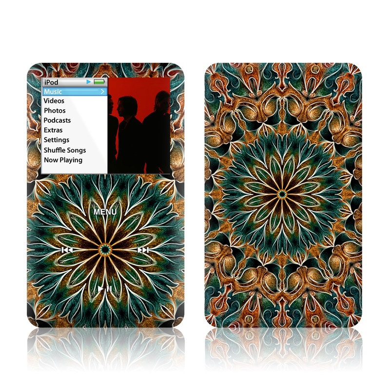 iPod classic Skin design of Pattern, Symmetry, Textile, Art, Psychedelic art, Tapestry, Design, Visual arts, Kaleidoscope, Motif, with green, orange, yellow, brown, red colors