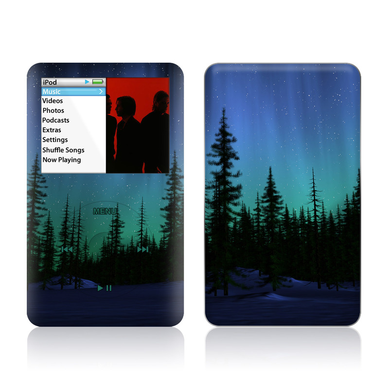 iPod classic Skin design of Aurora, Nature, Sky, shortleaf black spruce, Natural landscape, Tree, Wilderness, Natural environment, Biome, Spruce-fir forest, with blue, purple, green, black colors
