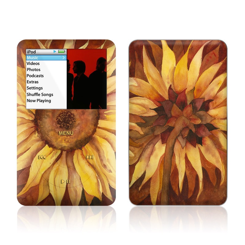 iPod classic Skin design of Sunflower, Flower, sunflower, Yellow, Painting, Plant, Petal, Still life photography, Flowering plant, Still life, with yellow, brown, orange colors