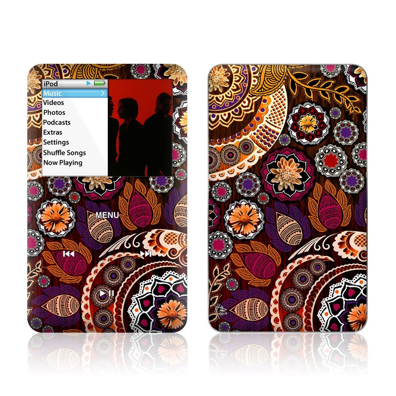 iPod classic Skin design of Pattern, Motif, Visual arts, Design, Art, Floral design, Textile, Paisley, Tapestry, Circle, with brown, purple, red, white, black colors