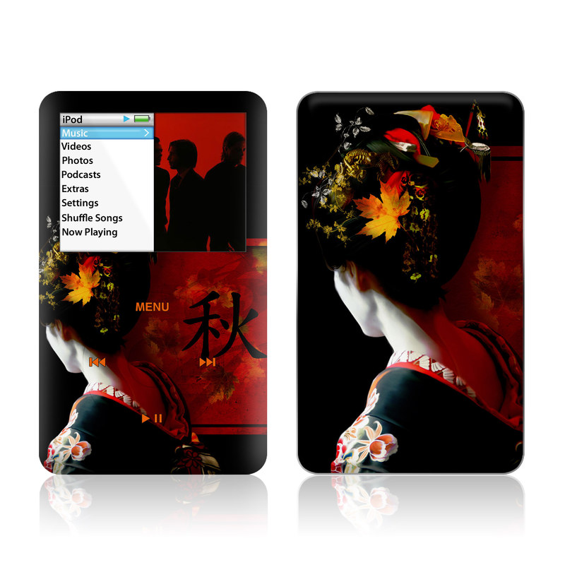 iPod classic Skin design of Geisha, Red, Flower, Plant, Headgear, Photography, Peking opera, Costume, Headpiece, Art, with black, red, orange, yellow, white colors