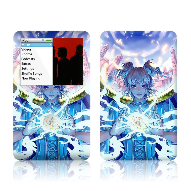 iPod classic Skin design of Cg artwork, Anime, Cartoon, Sky, Long hair, Illustration, Fictional character, Black hair, Art, with blue, purple, pink, white, yellow colors