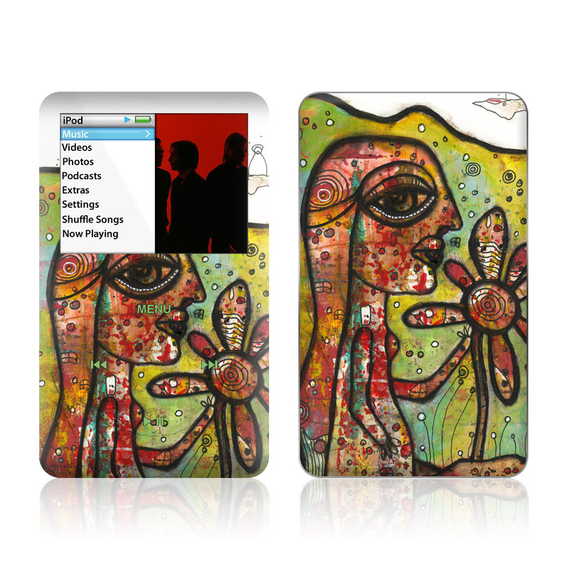 iPod classic Skin design of Modern art, Art, Painting, Acrylic paint, Psychedelic art, Visual arts, Watercolor paint, Illustration, Paint, Style, with green, black, red, white, orange, yellow colors