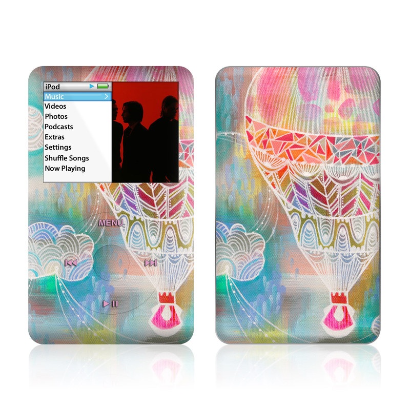 iPod classic Skin design of Hot air balloon, Balloon, Illustration, Pattern, Vehicle, Aerostat, Hot air ballooning, Graphic design, Art, with blue, red, yellow, pink, white colors